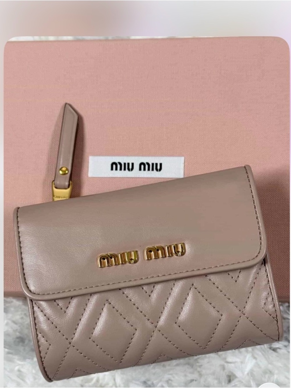 Miu Miu Dusty Pink Quilted Leather Compact Wallet with Gold Logo